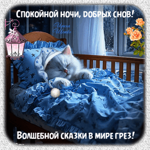 Милый спящий котенок в чепчике. Картинка с пожеланием спокойной ночи и добрых снов: «Волшебной сказки в мире грез!». Идеально для открытки на ночь. Анимированная открытка Спокойной ночи, добрых снов! Волшебной сказки в мире грез! Милая картинка с спящим белым котенком в голубом чепчике, лежащим на уютной синей кроватке. Изображение дополнено надписями на русском языке: «Спокойной ночи, добрых снов!» и «Волшебной сказки в мире грез!»