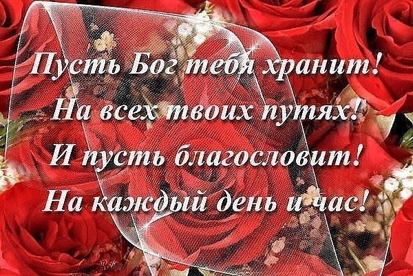 Духовное пожелание с красными розами: «Пусть Бог тебя хранит на всех твоих путях и благословит на каждый день и час!». Красивая открытка-благословение. Открытка Пусть Бог тебя хранит! На всех твоих путях! И пусть благословит! На каждый день и час! Красивое поздравительное изображение с пышными красными розами и нежной белой вуалью. На картинке нанесен текст на русском языке: «Пусть Бог тебя хранит! На всех твоих путях! И пусть благословит! На каждый день и час!»