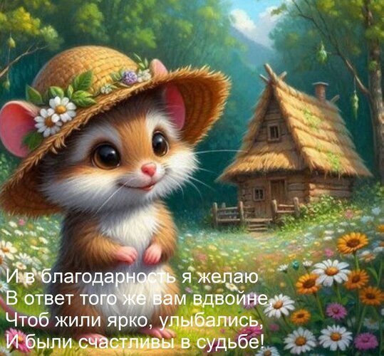 Милая открытка с хомячком в шляпе и пожеланием благодарности. Идеально для отправки друзьям и близким в знак признательности и добрых пожеланий. Открытка И в благодарность я желаю В ответ того же вам вдвойне, Чтоб жили ярко, улыбались, И были счастливы в Милая и трогательная иллюстрация с изображением очаровательного хомячка в соломенной шляпе, украшенной цветами. Маленький грызун стоит на фоне сказочного пейзажа с уютным деревянным домиком и цветущим лугом. На картинке расположен поздравительный текст в стихах: «И в благодарность я желаю В ответ того же вам вдвойне, Чтоб жили ярко, улыбались, И были счастливы в судьбе!»