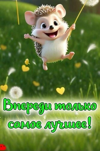 Милый мультяшный ежик с надписью Впереди только самое лучшее!. Позитивная картинка для вдохновения, пожеланий и хорошего настроения. Открытка Впереди только лучшее Милое и позитивное изображение мультяшного ежика, радостно парящего в воздухе на фоне зеленой лужайки с одуванчиками. На картинке нанесен вдохновляющий текст на русском языке: 