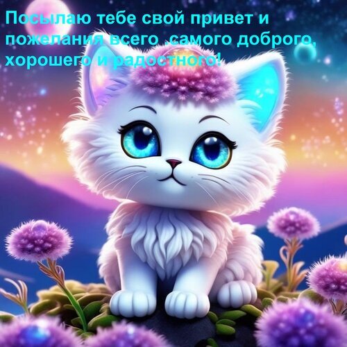 Милый белый котенок с голубыми глазами среди цветов под звездным небом. Открытка с добрыми пожеланиями и приветом для близких и друзей. Открытка Посылаю тебе свой привет и пожелания всего самого доброго, хорошего и радостного! Милая и очаровательная цифровая иллюстрация с изображением пушистого белого котенка с большими голубыми глазами. Котенок сидит среди нежных фиолетовых цветов на фоне волшебного ночного неба, наполненного звездами и мягким сиянием заката. На картинке присутствует поздравительный текст на русском языке: 