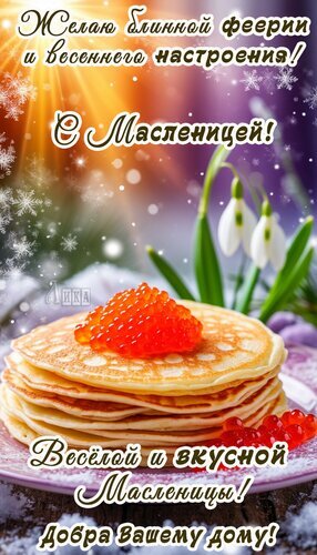 Поздравительная открытка с Масленицей: аппетитные блины с икрой и весенние подснежники. Теплые пожелания веселого праздника и весеннего настроения! Открытка Масленица Красочное поздравительное изображение к празднику Масленица. На картинке изображена стопка аппетитных золотистых блинов с красной икрой на переднем плане, а также нежные подснежники на фоне весеннего света. Текст на русском языке гласит: Желаю блинной феерии и весеннего настроения! С Масленицей! Веселой и вкусной Масленицы! Добра Вашему дому!