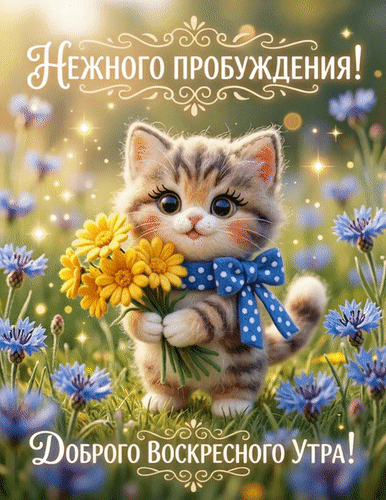 Милая открытка с котенком и цветами: «Нежного пробуждения! Доброго Воскресного Утра!». Солнечная и добрая картинка для поздравления в воскресенье. Анимированная открытка Доброго воскресного утра Милая и очаровательная открытка с пушистым котенком, который держит букет ярко-желтых цветов. Малыш украшен голубым бантом в белый горошек и стоит на фоне залитого солнечным светом луга с синими цветами. На изображении расположены красивые надписи на русском языке: «Нежного пробуждения!» сверху и «Доброго воскресного утра!» снизу