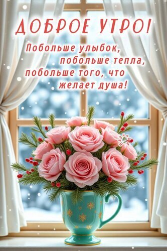 Открытка «Доброе утро!» с букетом розовых роз в чашке на фоне зимнего окна. Теплые пожелания улыбок и душевного тепла для близких и друзей. Открытка Доброе утро! Побольше улыбок, побольше тепла, побольше того, что желает душа! Красивая поздравительная открытка с пожеланием доброго утра. На переднем плане — пышный букет нежно-розовых роз в изящной бирюзовой чашке, украшенной золотистыми узорами. Цветы стоят на подоконнике на фоне заснеженного окна с белыми занавесками. Сверху наложен текст красным шрифтом: 