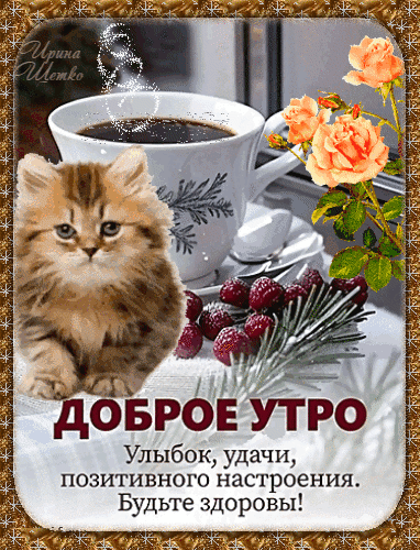 Открытка Доброе утро: милый рыжий котенок, кофе и цветы. Пожелание улыбок, удачи и здоровья для хорошего настроения. Анимированная открытка Доброго, и нежного, теплого, и снежного, зимнего, утра! Милая поздравительная открытка с изображением пушистого рыжего котенка, чашки ароматного кофе и нежных оранжевых роз. На картинке присутствует надпись на русском языке: 