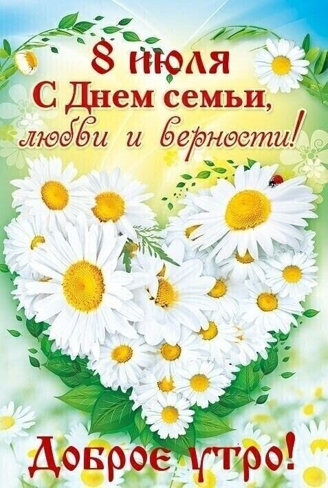 Поздравление с Днем семьи, любви и верности 8 июля. Красивая открытка с белыми ромашками в форме сердца и надписью «Доброе утро!». Открытка 8 июля С Днем семьи, любви и верности! Доброе утро! Открытка к празднику 8 июля — Дню семьи, любви и верности. На изображении нежный букет из белых ромашек, сложенных в форме сердца, на светлом летнем фоне. Красивый поздравительный текст на русском языке: «8 июля С Днем семьи, любви и верности!» и приветствие «Доброе утро!»