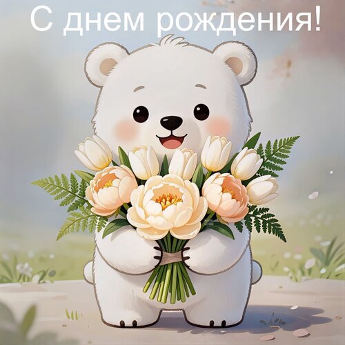 Милая открытка «С днем рождения!» с белым медвежонком и букетом нежных пионов и тюльпанов. Красивое электронное поздравление для близких и друзей. Открытка С днем рождения! Милая и добрая поздравительная открытка с изображением очаровательного белого медвежонка. Белый медведь стоит в полный рост и держит в лапах большой пышный букет нежных персиковых пионов и белых тюльпанов с зелеными листьями папоротника. На верхней части изображения расположена надпись на русском языке «С днем рождения!». Иллюстрация выполнена в мягком мультяшном стиле с использованием пастельных тонов, что создает атмосферу праздника, тепла и радости