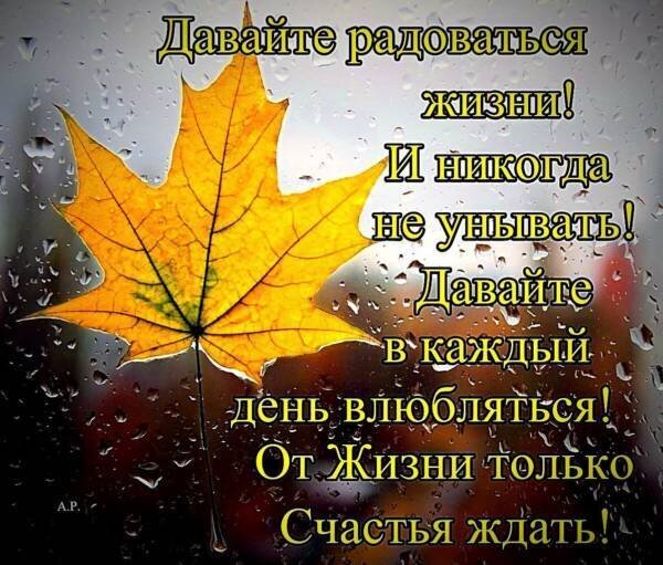 Мотивирующая осенняя открытка: желтый кленовый лист с каплями дождя и вдохновляющая цитата о радости жизни и счастье. Идеально для соцсетей и статусов. Открытка Давайте радоваться жизни и никогда не унывать! Красивое осеннее изображение с крупным планом ярко-желтого кленового листа, покрытого каплями дождя. На фоне размытого осеннего пейзажа размещен вдохновляющий текст на русском языке: «Давайте радоваться жизни! И никогда не унывать! Давайте в каждый день влюбляться! От жизни только счастья ждать!»