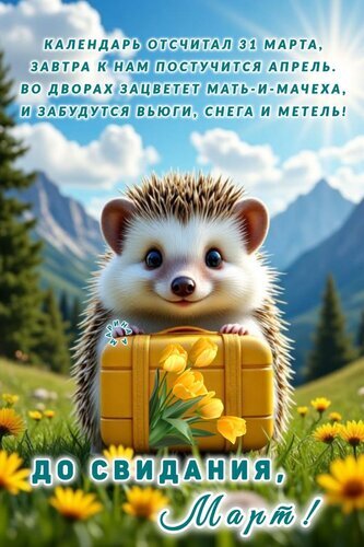 Милая открытка с ежиком и тюльпанами: прощание с мартом и приветствие весны. Красивый пейзаж и душевное стихотворение на русском языке. Открытка До свидания, март! Милая поздравительная открытка, изображающая очаровательного ежика, который держит желтый чемоданчик с яркими желтыми тюльпанами. На фоне — живописный горный пейзаж под голубым небом с облаками. На картинке размещен текст на русском языке, прощающийся с мартом и приветствующий апрель: «Календарь отсчитал 31 марта, завтра к нам постучится апрель