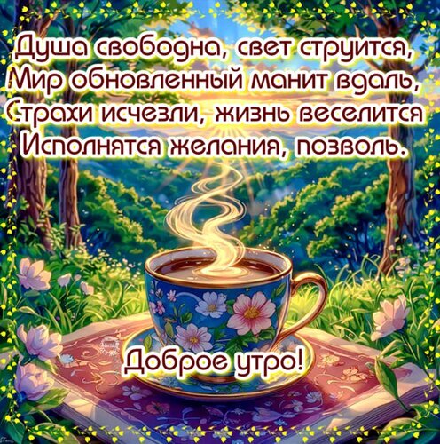 Доброе утро! Красочная открытка с чашкой кофе и вдохновляющими стихами о счастье, свободе и исполнении желаний в солнечном весеннем саду. Открытка Доброе утро! Красочная поздравительная открытка с пожеланием доброго утра. На изображении представлена чашка ароматного горячего кофе или чая с паром, стоящая на столе в окружении цветущего весеннего сада. Солнечные лучи пробиваются сквозь листву деревьев, создавая атмосферу уюта, тепла и обновления. На картинке размещен вдохновляющий поэтический текст о свободе души, исчезновении страхов и исполнении желаний