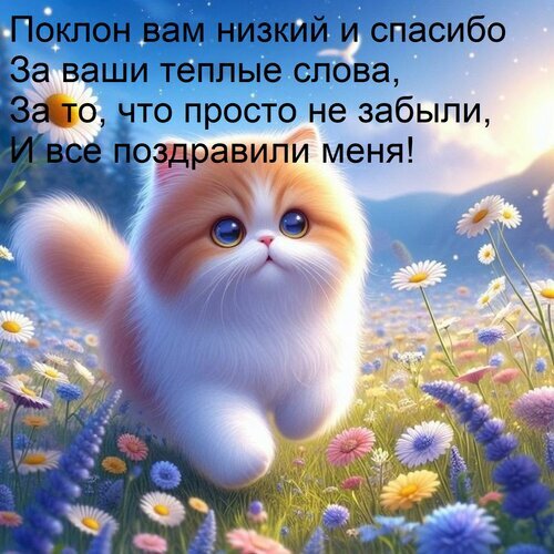 Трогательная открытка с милым котенком на цветочном поле. Текст: «Спасибо за ваши теплые слова и поздравления!». Идеально для благодарности в соцсетях. Открытка Поклон вам низкий и спасибо За ваши теплые слова, За то, что просто не забыли, И все поздравили меня Милая и трогательная открытка с пушистым рыже-белым котенком, сидящим на цветочном лугу под мягким солнечным светом. На изображении расположен текст на русском языке: «Поклон вам низкий и спасибо За ваши теплые слова, За то, что просто не забыли, И все поздравили меня!». Идеально подходит для выражения благодарности за поздравления, отправки в мессенджерах (WhatsApp, Telegram) или публикации в социальных сетях