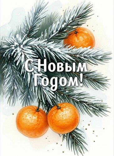 Новогодняя акварельная открытка: заснеженные еловые ветки и спелые мандарины с надписью С Новым Годом!. Праздничная зимняя иллюстрация для поздравлений. Открытка С Новым годом! Праздничная новогодняя открытка в акварельном стиле. На изображении заснеженные ветви ели или сосны, украшенные спелыми ярко-оранжевыми мандаринами. В центре композиции расположена красивая надпись на русском языке: 