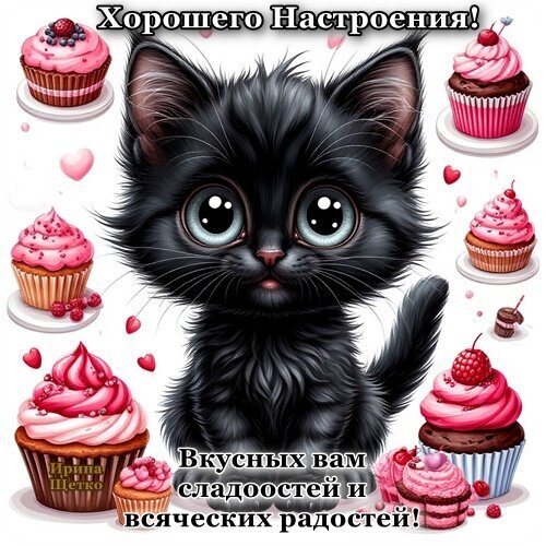 Милый черный котенок с огромными глазами в окружении розовых капкейков. Картинка с пожеланием хорошего настроения и вкусных сладостей. Открытка Хорошего настроения! Милая цифровая иллюстрация с черным котенком с огромными выразительными глазами, окруженным аппетитными розовыми капкейками с ягодами. Картинка наполнена теплом и уютом, украшена летающими розовыми сердечками. В верхней части надпись «Хорошего Настроения!», а в нижней — «Вкусных вам сладостей и всяческих радостей!»