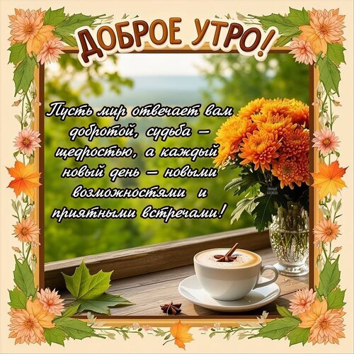 Доброе утро! Красивая открытка с букетом хризантем, чашкой кофе и теплыми пожеланиями добра, щедрости и новых возможностей на каждый новый день. Открытка Доброе утро! Красивая поздравительная открытка с пожеланием доброго утра. На изображении представлен уютный вид из окна на цветущий пейзаж, чашка кофе с палочкой корицы и пышный букет оранжевых хризантем. В центре расположена вдохновляющая цитата на русском языке: «Пусть мир отвечает вам добротой, судьба — щедростью, а каждый новый день — новыми возможностями и приятными встречами!» Доброе утро! Красивая открытка с букетом хризантем, чашкой кофе и теплыми пожеланиями добра, щедрости и новых возможностей на каждый новый день. Открытка Доброе утро! Красивая поздравительная открытка с пожеланием доброго утра. На изображении представлен уютный вид из окна на цветущий пейзаж, чашка кофе с палочкой корицы и пышный букет оранжевых хризантем. В центре расположена вдохновляющая цитата на русском языке: «Пусть мир отвечает вам добротой, судьба — щедростью, а каждый новый день — новыми возможностями и приятными встречами!»