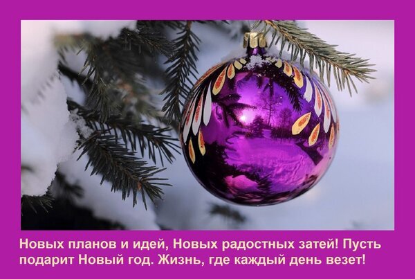 Праздничная открытка: фиолетовый елочный шар на заснеженной ветке ели с новогодним пожеланием удачи, новых идей и радостных событий в новом году. Открытка Новых планов и идей, Новых радостных затей! Пусть подарит Новый год Жизнь, где каждый день везет! Красочный праздничный коллаж с изображением фиолетового елочного шара, украшенного золотистыми элементами, на фоне заснеженных еловых ветвей. Изображение передает атмосферу зимних праздников и уютного Рождества. В нижней части расположена вдохновляющая поздравительная надпись на русском языке с пожеланиями новых планов, идей и удачи в наступающем Новом году