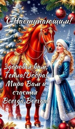 Красивая новогодняя открытка: Снегурочка с рыжим конем и пожеланиями здоровья, тепла, добра и счастья на фоне зимнего леса. С наступающим Новым годом! Открытка С наступающим Праздничная поздравительная открытка к Новому году с изображением красивой девушки в образе Снегурочки и величественного рыжего коня на фоне заснеженного леса. На картинке присутствует праздничный текст на русском языке: «С Наступающим! Здоровья вам, Тепла! Добра! Мира Вам и счастья Всегда, Всегда!»