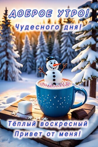 Зимняя открытка «Доброе утро! Чудесного дня!» с уютной чашкой какао, снеговиком и заснеженным лесом. Теплое воскресное пожелание для близких. Открытка Доброе утро! Чудесного дня! Теплый привет от меня! Уютная зимняя открытка с пожеланием доброго утра. На изображении заснеженный хвойный лес, а на переднем плане — чашка горячего какао или кофе, украшенная маршмэллоу и маленьким снеговиком. Атмосфера тепла и праздника. Надписи на русском языке: «ДОБРОЕ УТРО! Чудесного дня!» и «Теплый воскресный Привет от меня!»