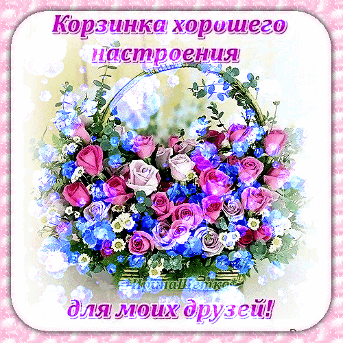 Цветочная открытка «Корзинка хорошего настроения для моих друзей!». Пышный букет розовых роз и голубых цветов для добрых пожеланий друзьям. Анимированная открытка Корзинка хорошего настроения для моих друзей! Красочная поздравительная открытка с пышной корзиной цветов. В центре композиции — изысканный букет из розовых и сиреневых роз, дополненный нежными голубыми цветами и зеленью. На картинке присутствует надпись на русском языке: «Корзинка хорошего настроения для моих друзей!»