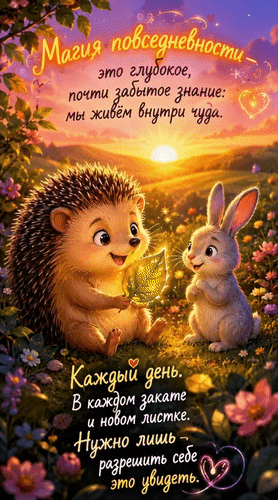Вдохновляющая картинка с ежиком и зайчиком и цитатой о магии повседневности. Красивый закат, уютная атмосфера и слова о поиске чудес в мелочах. Анимированная открытка Магия повседневности - это глубокое, почти забытое знание: мы живем внутри чуда. Каждый день. В кажд Милая и вдохновляющая иллюстрация с изображением ежика и зайчика в лучах закатного солнца. На картинке размещена глубокая философская цитата на русском языке о магии повседневности, красоте момента и умении видеть чудо в каждом закате и новом листке