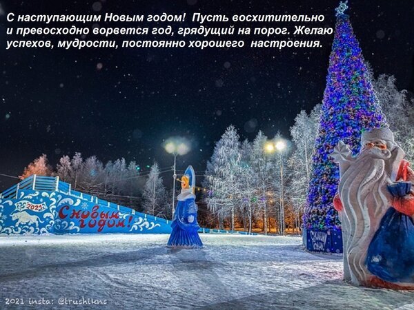 Новогодняя открытка с Дедом Морозом, Снегурочкой и нарядной елкой под ночным небом. Праздничное поздравление с пожеланиями успеха и хорошего настроения. Открытка С наступающим Новым годом! Пусть восхитительно и превосходно ворвется год, грядущий на порог. Жел Праздничная открытка к Новому году с зимним пейзажем. На изображении запечатлена ночная заснеженная площадка с украшенной светодиодными огнями высокой елью, фигурой Деда Мороза и Снегурочкой. На фоне видны освещенные деревья и мягкий свет уличных фонарей. Поверх изображения нанесен поздравительный текст на русском языке: «С наступающим Новым годом! Пусть восхитительно и превосходно ворвется год, грядущий на порог. Желаю успехов, мудрости, постоянно хорошего настроения»