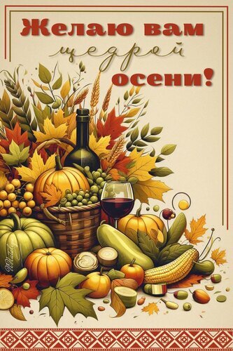 Осенняя открытка «Желаю вам щедрой осени!» с натюрмортом из тыкв, винограда, колосьев и бокалом вина. Теплое поздравление с урожаем и уютом. Открытка Щедрой осени Красочная осенняя открытка с теплым пожеланием «Желаю вам щедрой осени!». На иллюстрации изображен богатый осенний натюрморт: спелые тыквы разных форм, гроздья винограда, золотистая кукуруза, колосья пшеницы и яркие осенние листья. Композицию дополняет бутылка вина и бокал красного вина, создавая атмосферу уюта и изобилия