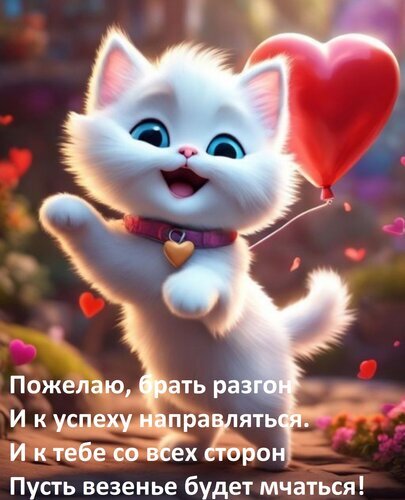 Милый белый котенок с красным шаром-сердцем и добрыми пожеланиями успеха и везения. Идеальная поздравительная открытка для поднятия настроения! Открытка Пожелаю, брать разгон и к успеху направляться. И к тебе со всех сторон пусть везенье будет мчаться! Милая и очаровательная иллюстрация с белым пушистым котенком в стиле 3D-анимации. Котенок радостно играет с красным сердцем-шариком, что создает атмосферу праздника, любви и позитива. На изображении присутствует вдохновляющая надпись на русском языке с пожеланиями удачи, успеха и везения. Идеально подходит для открыток, поздравительных постов в социальных сетях, мессенджеров и передачи теплых эмоций близким людям