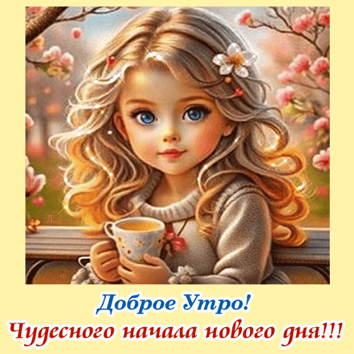 Милая открытка «Доброе утро!»: очаровательная девочка с чашкой чая на фоне цветущих деревьев. Прекрасное пожелание чудесного начала нового дня! Анимированная открытка Доброе Утро! Чудесного начала нового дня! Милая цифровая иллюстрация с изображением очаровательной девочки с большими голубыми глазами и золотистыми кудрявыми волосами. Девочка держит чашку теплого напитка на фоне цветущей сакуры или вишни. Картинка наполнена нежностью, солнечным светом и весенней атмосферой. В нижней части изображения расположена надпись на русском языке: 