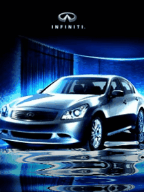 Премиальный седан Infiniti в эффектной студийной съемке. Роскошный дизайн, серебристый кузов и стильное синее освещение. Икона автомобильного стиля. Анимированная открытка Инфинити анимационные картинки для телефона машины Рекламное изображение роскошного седана Infiniti в стильной студийной обстановке. Автомобиль серебристого цвета представлен в динамичном ракурсе с эффектным синим освещением, создающим атмосферу премиальности и технологичности. Глянцевые поверхности кузова и отражения на мокром полу подчеркивают изысканный дизайн, обтекаемые формы и статус бренда Infiniti