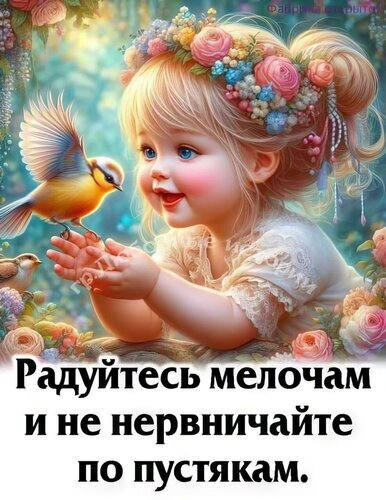 Милая девочка с птичкой и вдохновляющая цитата: «Радуйтесь мелочам и не нервничайте по пустякам». Красивая картинка для хорошего настроения и мотивации. Открытка Не нервничайте по пустякам Прекрасная и вдохновляющая цифровая иллюстрация с милой маленькой девочкой в цветочном венке, которая с нежностью смотрит на маленькую птичку, сидящую на ее ладонях. Изображение выполнено в мягких, сказочных тонах и дополнено мотивирующей цитатой на русском языке: 