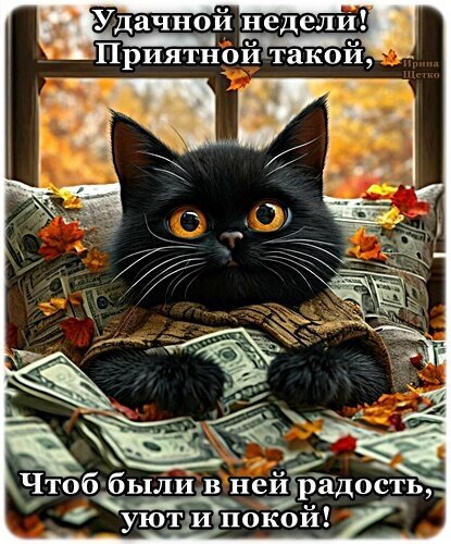 Открытка с черным котенком и деньгами: пожелание удачной, уютной и радостной недели в осеннем стиле. Идеально для мессенджеров и соцсетей. Открытка Удачной недели! Милая открытка с черным котенком, лежащим на куче долларовых купюр среди осенних листьев. На изображении надпись на русском языке: «Удачной недели! Приятной такой, чтоб были в ней радость, уют и покой!». Картинка идеально подходит для пожелания хорошей недели друзьям и близким в социальных сетях (WhatsApp, Viber, OK, VK)