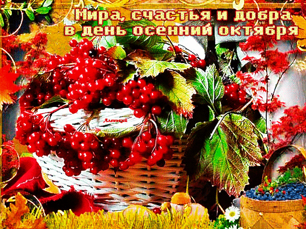 Осенняя открытка с корзиной красных ягод и надписью Мира, счастья и добра в день осенний октября. Красивое поздравление с октябрем в теплых тонах. Анимированная открытка Мира, счастья и добра в день осенний октября! Осенний натюрморт с корзиной спелых красных ягод (калины или рябины) на фоне яркой осенней листвы. Изображение украшено поздравительной надписью на русском языке: 