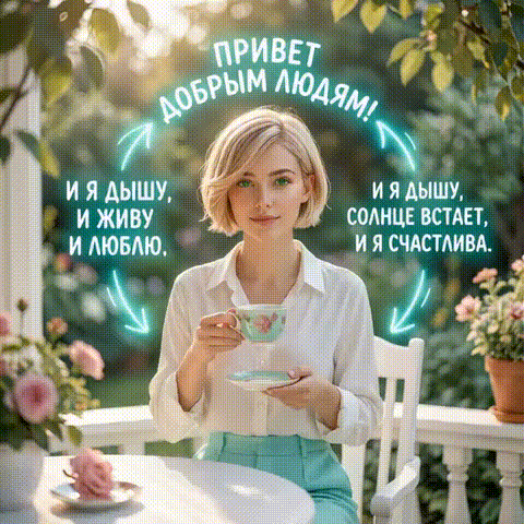 Вдохновляющая картинка с цитатой о счастье, любви и жизни. Молодая девушка с чашкой чая на веранде. Идеально для позитивных статусов и сторис. Анимированная открытка Привет добрым людям! И я дышу, и живу, и люблю. и я дышу, солнце встает и я счастлива. Красивое вдохновляющее изображение молодой девушки с короткими светлыми волосами, сидящей на залитой солнцем веранде с чашкой чая. Девушка улыбается, создавая атмосферу уюта, спокойствия и счастья. На картинке размещен мотивирующий текст на русском языке: «Привет добрым людям!», «И я дышу, и живу, и люблю», «И я дышу, солнце встает, и я счастлива»