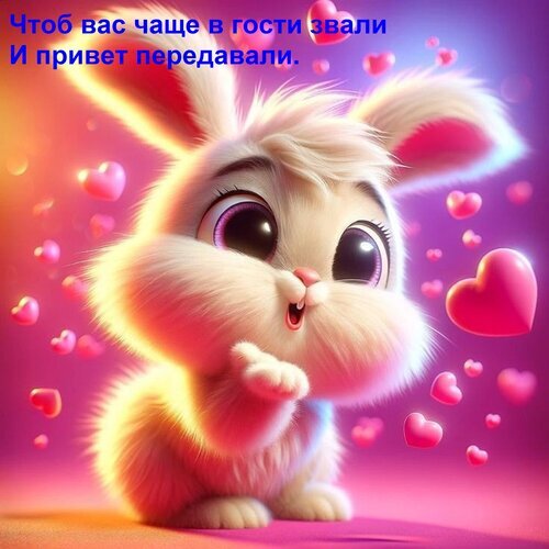 Милый белый кролик с сердечками и поздравительным текстом: Чтоб вас чаще в гости звали. Очаровательная картинка-открытка для друзей и близких. Открытка Чтоб вас чаще в гости звали и привет передавали. Милая и очаровательная 3D-иллюстрация с пушистым белым кроликом, окруженным розовыми сердечками на нежно-фиолетовом фоне. Кролик выполнен в стиле современной анимации с большими выразительными глазами, создавая атмосферу тепла, любви и доброты. На изображении присутствует поздравительный текст на русском языке: 