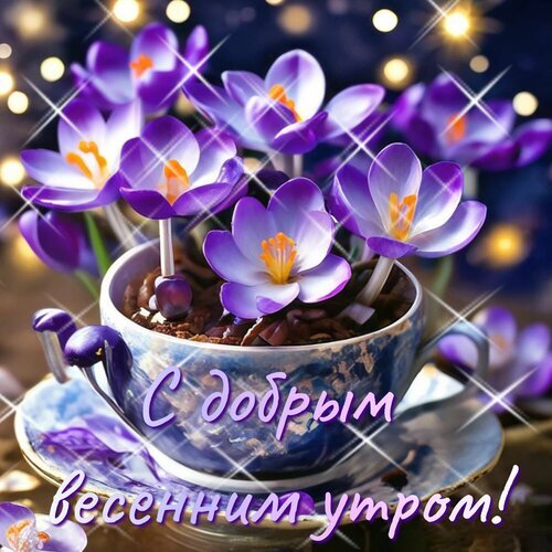 Красивая весенняя открытка с фиолетовыми крокусами в чашке и надписью «С добрым весенним утром!». Идеально для пожеланий хорошего настроения. Открытка С добрым весенним утром! Красочное и весеннее изображение с нежными фиолетовыми крокусами, растущими прямо из чашки кофе. На фоне — мягкий эффект боке с сияющими бликами света. На переднем плане наложена красивая надпись на русском языке: «С добрым весенним утром!». Картинка передает атмосферу пробуждения природы, тепла и утреннего уюта