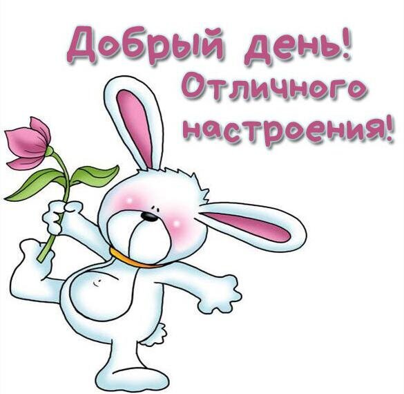 Милая открытка с белым кроликом и цветком. Надпись: «Добрый день! Отличного настроения!». Идеально для позитивных пожеланий в WhatsApp и соцсетях. Открытка Добрый день Милая поздравительная открытка с изображением забавного белого кролика. Мультяшный зайчик с розовыми ушками держит в лапках нежный розовый цветок. На картинке расположена надпись на русском языке: «Добрый день! Отличного настроения!»