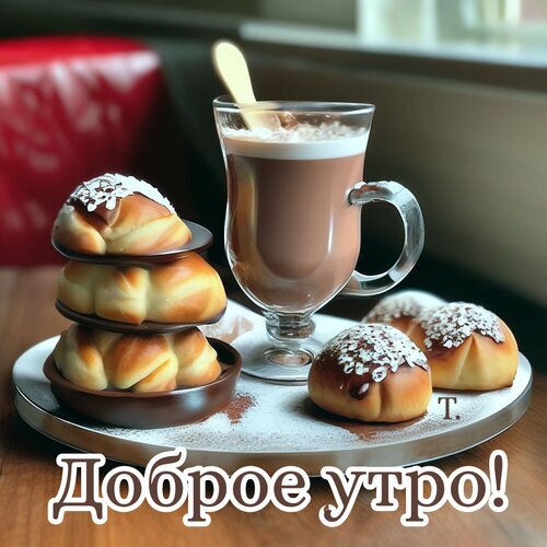 Уютное пожелание доброго утра: чашка горячего шоколада и аппетитная свежая выпечка на подносе. Идеальное фото для создания настроения. Открытка Доброе утро! Атмосферная и аппетитная картинка для пожелания доброго утра. На снимке изображен чашка горячего шоколада или латте с пышной пенкой и стопка свежей выпечки (булочек) на красивом подносе