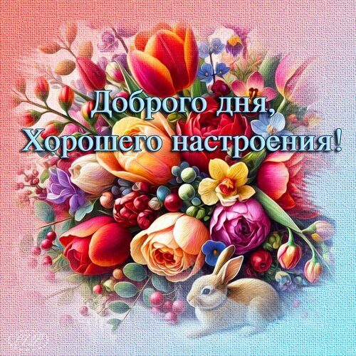 Красочная открытка с букетом цветов и милым кроликом. Надпись: «Доброго дня, Хорошего настроения!». Идеально для пожеланий и поднятия настроения. Открытка Доброго дня, хорошего настроения! Красочная праздничная открытка с пышным букетом ярких цветов: тюльпанов, роз и садовых цветов в пастельных и насыщенных тонах. В нижней части композиции изображен милый маленький кролик. На картинке нанесена надпись на русском языке: Доброго дня, Хорошего настроения!