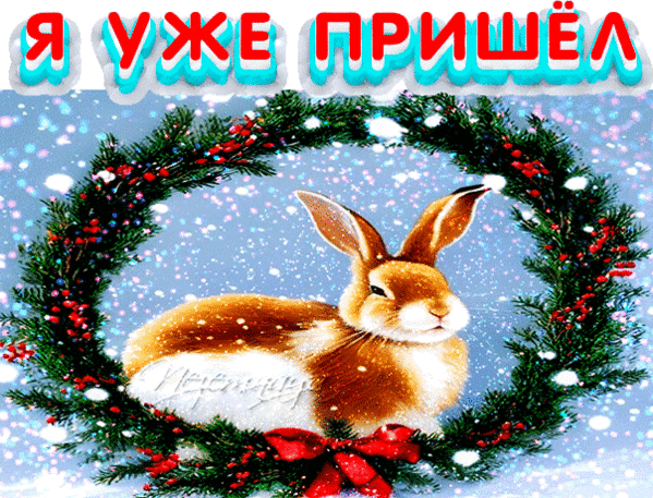 Праздничная открытка с рыжим кроликом в еловом венке и надписью «Я уже пришел». Зимний новогодний коллаж со снежинками для поздравлений. Анимированная открытка Я уже пришел! Праздничная поздравительная открытка с изображением милого рыжего кролика, помещенного в центр хвойного венка с красными ягодами. Фон украшен эффектом падающего снега, создавая зимнюю атмосферу. В верхней части картинки крупная яркая надпись на русском языке: «Я УЖЕ ПРИШЕЛ»