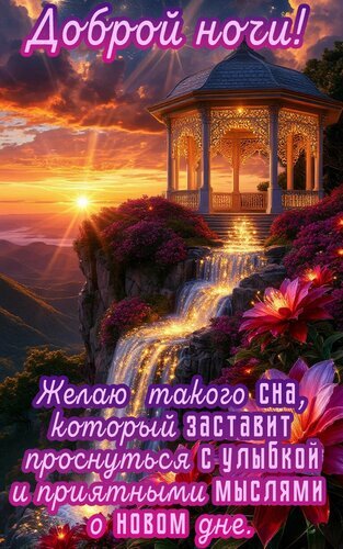 Открытка «Доброй ночи» с волшебным пейзажем, водопадом и уютной беседкой. Красивое пожелание приятных снов и доброго утра в картинках. Открытка Доброй ночи Красивая поздравительная открытка на тему «Доброй ночи». На изображении представлен сказочный пейзаж: изящная освещенная беседка на вершине скалы, рядом с которой ниспадает волшебный водопад, сверкающий в лучах закатного солнца. Вокруг цветут яркие розовые цветы. На картинке нанесен вдохновляющий текст на русском языке: «Доброй ночи! Желаю такого сна, который заставит проснуться с улыбкой и приятными мыслями о новом дне»