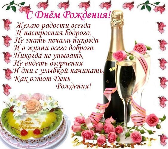 Красивая открытка с днем рождения: шампанское, торт, розы и душевное поздравление текстом. Идеальное праздничное изображение для пожеланий радости и счастья. Открытка С днем рождения Красивая поздравительная открытка к дню рождения с праздничной композицией. На изображении представлена бутылка шампанского, бокал с игристым напитком, изысканный торт с фруктами и нежные розовые розы. Текст на русском языке содержит душевное пожелание радости, бодрого настроения и счастья