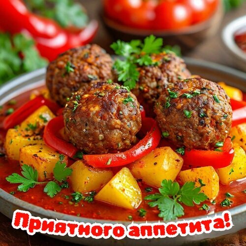 Сочные мясные тефтели в томатном соусе с картофелем и болгарским перцем. Идеальный рецепт сытного домашнего ужина. Приятного аппетита! Открытка Приятного аппетита! Аппетитные мясные тефтели (или фрикадельки), обжаренные до золотистой корочки, подаются в густом томатном соусе с кусочками запеченного картофеля и болгарского перца. Блюдо украшено свежей зеленью петрушки, что делает его идеальным вариантом для сытного семейного ужина