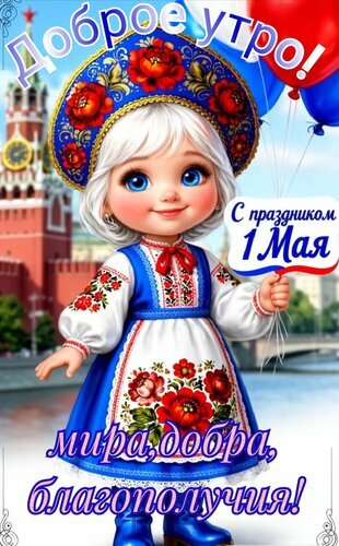 Поздравительная открытка к 1 Мая с милой девочкой в русском костюме на фоне Кремля. Пожелания мира, добра и благополучия. С праздником! Открытка Доброе утро! С праздником 1 мая. Яркая поздравительная открытка к 1 Мая (Первомай). На изображении очаровательная девочка в традиционном русском народном костюме: белом сарафане с красными цветами и синем кокошнике. Фон украшен видом на Московский Кремль и воздушными шарами в цветах Российского флага. На картинке расположены надписи на русском языке: «Доброе утро!», «С праздником 1 Мая» и пожелание «Мира, добра, благополучия!»