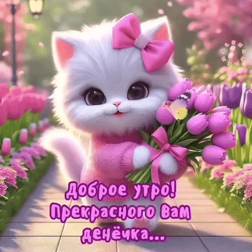 Милая белая кошечка с розовым бантом и букетом тюльпанов. Открытка с надписью «Доброе утро! Прекрасного вам денечка...» для пожелания хорошего настроения. Анимированная открытка Привет! Милая белая кошечка с розовым бантом на голове держит букет ярких розовых тюльпанов. На переднем плане надпись на русском языке «Доброе утро! Прекрасного вам денечка...»
