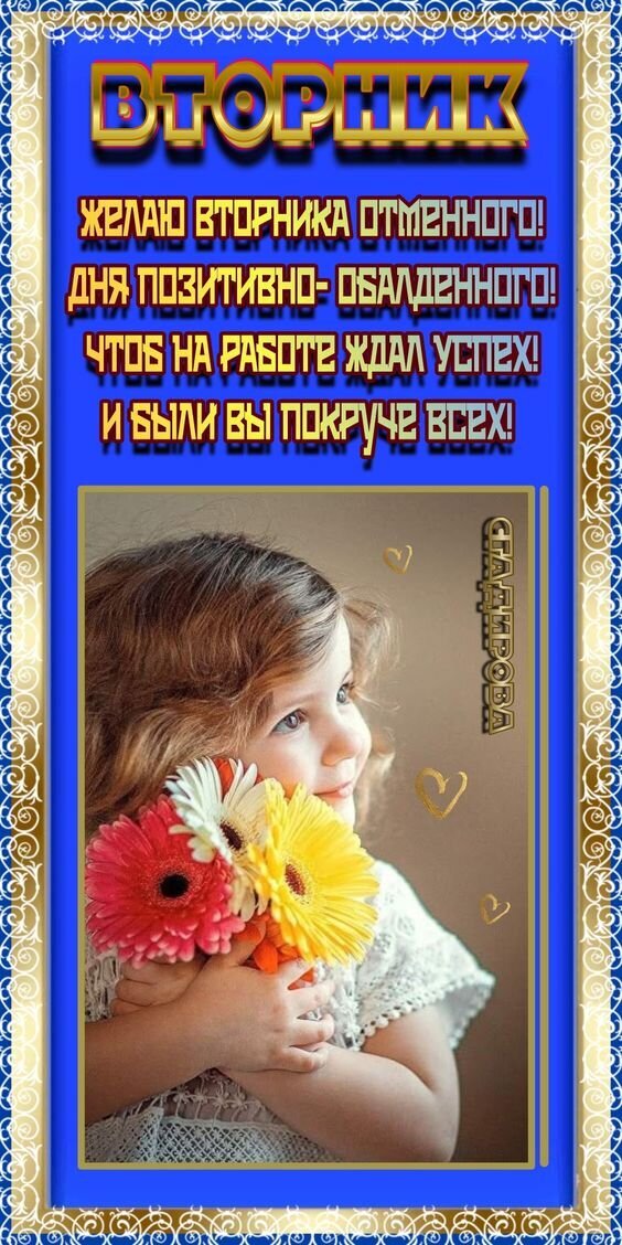 Красивая открытка на вторник с пожеланиями успеха и позитива. Милая девочка с яркими герберами и мотивирующим текстом для хорошего настроения. Открытка Желаю Вторника отменного! Дня позитивно-обалденного! Яркая праздничная открытка на вторник с вдохновляющим пожеланием. На изображении — милая девочка с букетом ярких гербер (красной, белой и желтой), прижимающая цветы к себе. Текст на картинке гласит: «Вторник. Желаю вторника отменного! Дня позитивно-обалденного! Чтоб на работе ждал успех! И были вы покруче всех!»
