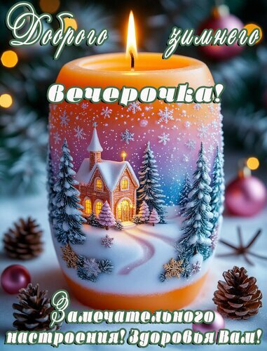 Зимняя открытка со светящейся свечой, заснеженным домиком и пожеланиями доброго вечера, отличного настроения и здоровья. Уютное праздничное поздравление. Открытка Добрый вечер Уютная зимняя открытка с изображением декоративной свечи, на которой детально прорисован заснеженный домик в лесу под падающими снежинками. Свеча светится теплым оранжевым светом, создавая атмосферу праздника и спокойствия. На фоне видны еловые ветки, сосновые шишки и новогодние шары