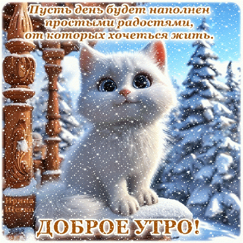 Милый белый котенок в зимнем лесу с пожеланием «Доброе утро!». Красивая открытка с уютной атмосферой и цитатой о простых радостях жизни. Анимированная открытка Доброе утро! Милая и пушистая белая кошечка в зимнем пейзаже с падающими снежинками. На изображении надпись на русском языке: «Пусть день будет наполнен простыми радостями, от которых хочется жить» и крупная надпись внизу «ДОБРОЕ УТРО!»