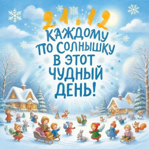 Зимняя сказочная иллюстрация с надписью Каждому по солнышку в этот чудный день!. Уютная заснеженная деревня, милые животные и праздничная атмосфера. Открытка 21.12 Каждому по солнышку в этот чудный день! Красочная зимняя иллюстрация с поздравительной надписью на русском языке: Каждому по солнышку в этот чудный день!. На картинке изображена сказочная заснеженная деревня с уютными домиками, елями и милыми лесными зверями (белочки, зайчики, лисички), которые играют на снегу. В небе сияют крупные снежинки и яркое зимнее солнце