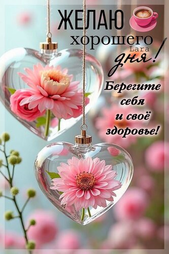 Открытка с розовыми цветами в стеклянных сердцах. Надпись: «Желаю хорошего дня! Берегите себя и свое здоровье!» — нежное пожелание для близких. Открытка Хорошего дня Красивая открытка с пожеланием хорошего дня. На изображении представлены два прозрачных стеклянных сердца, внутри которых находятся нежные розовые цветы герберы. Фон размыт, создавая романтическую и теплую атмосферу с мягкими розовыми оттенками. Текст на русском языке гласит:  Желаю хорошего дня! Берегите себя и свое здоровье!