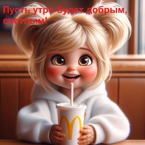 Милая девочка с хвостиками пьет напиток. Надпись: «Пусть утро будет добрым, светлым!». Позитивная картинка для утренних пожеланий и соцсетей. Открытка Пусть утро будет добрым, светлым! Милая 3D-иллюстрация с изображением очаровательной девочки с пышными светлыми хвостиками, которая с улыбкой пьет напиток из стакана с логотипом в стиле фастфуда. Девочка одета в уютное белое худи, создавая атмосферу радости и уюта. На изображении присутствует надпись на русском языке: «Пусть утро будет добрым, светлым!». Картинка идеально подходит для утренних пожеланий, постов в социальных сетях (Instagram, VK) и создания позитивного настроения для подписчиков
