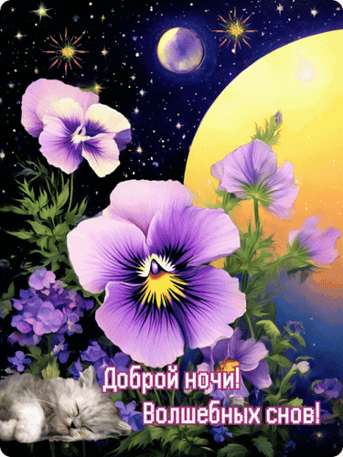 Открытка «Доброй ночи! Волшебных снов!» с фиолетовыми цветами, пушистым котенком и звездным небом под луной. Красивое пожелание приятных снов. Анимированная открытка Доброй ночи! Красивая поздравительная открытка на тему «Доброй ночи». На изображении представлены нежные фиолетовые цветы анютины глазки на фоне ночного звездного неба с большой яркой луной и мерцающими звездами. В нижней части картинки уютно расположился пушистый белый котенок. Внизу добавлена красивая надпись на русском языке: «Доброй ночи! Волшебных снов!»
